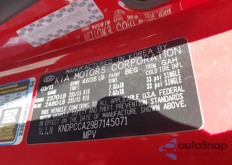 2011 Kia Sportage Ex из США, поврежденный, VIN KNDPCCA29B7145071